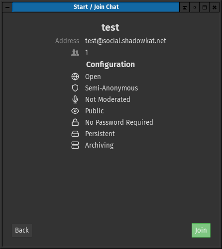 The Join Channel dialog in Gajim, an XMPP client.
