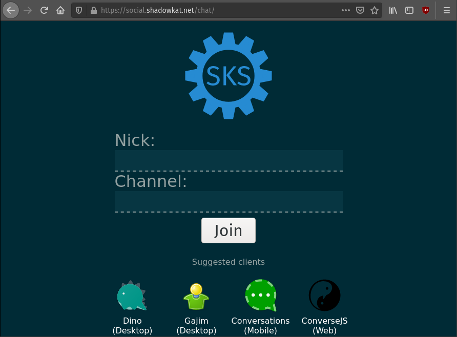 A HTML form asking for a nickname and channel to join.