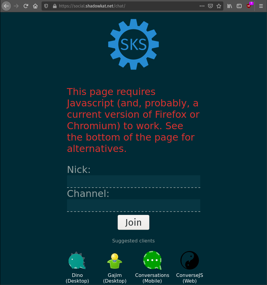 A HTML form asking for a nickname and channel to join, but with a warning that the page won't work properly without Javascript.